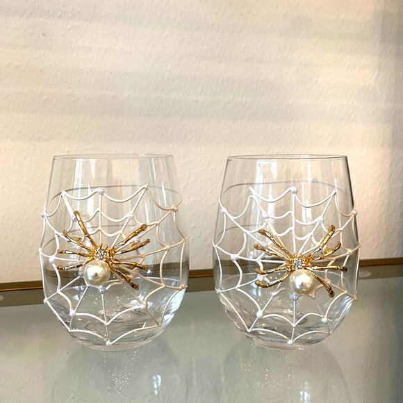 Gorgeous Halloween Jeweled Spider on Web w/ Pearl Stemless Wine Glass Set of 2 - Picture 11 of 15